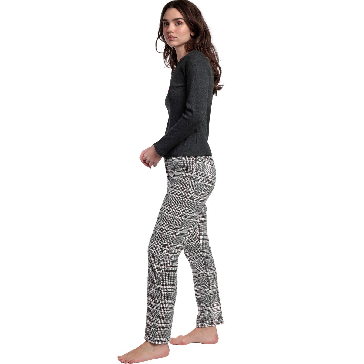 Pyjama pantalon top manches longues Houndstooth gris, ADMAS