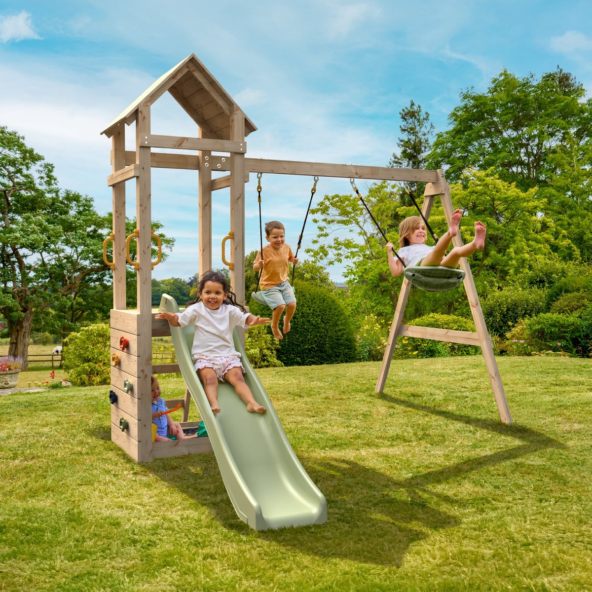 Aire de jeux toboggan - balançoires - mur d'escalade PLAQUEMINIER maron - vert kaki, TP TOYS