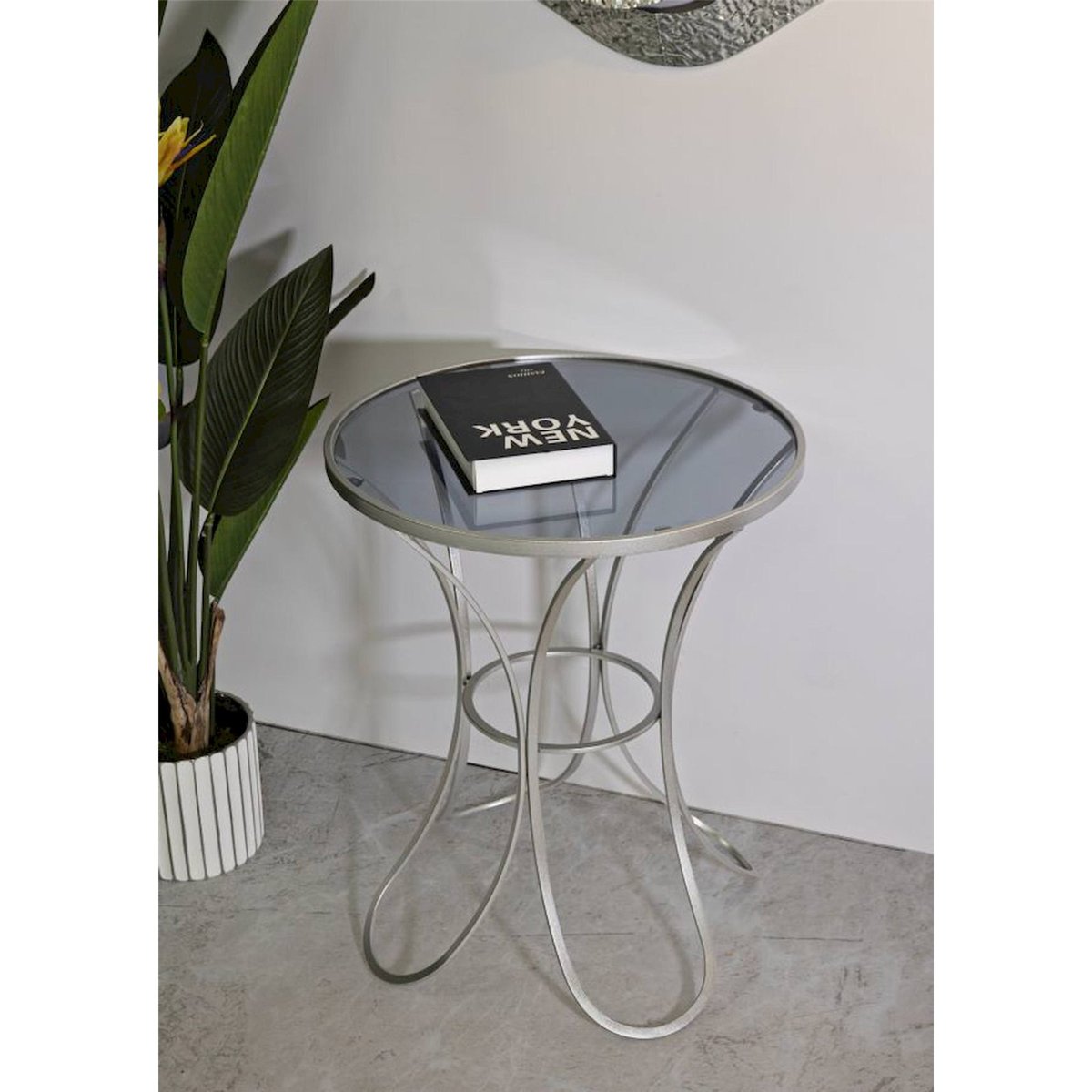 Table d'appoint ronde en fer et verre GLAM argenté et verre fumé, RECOLLECTION