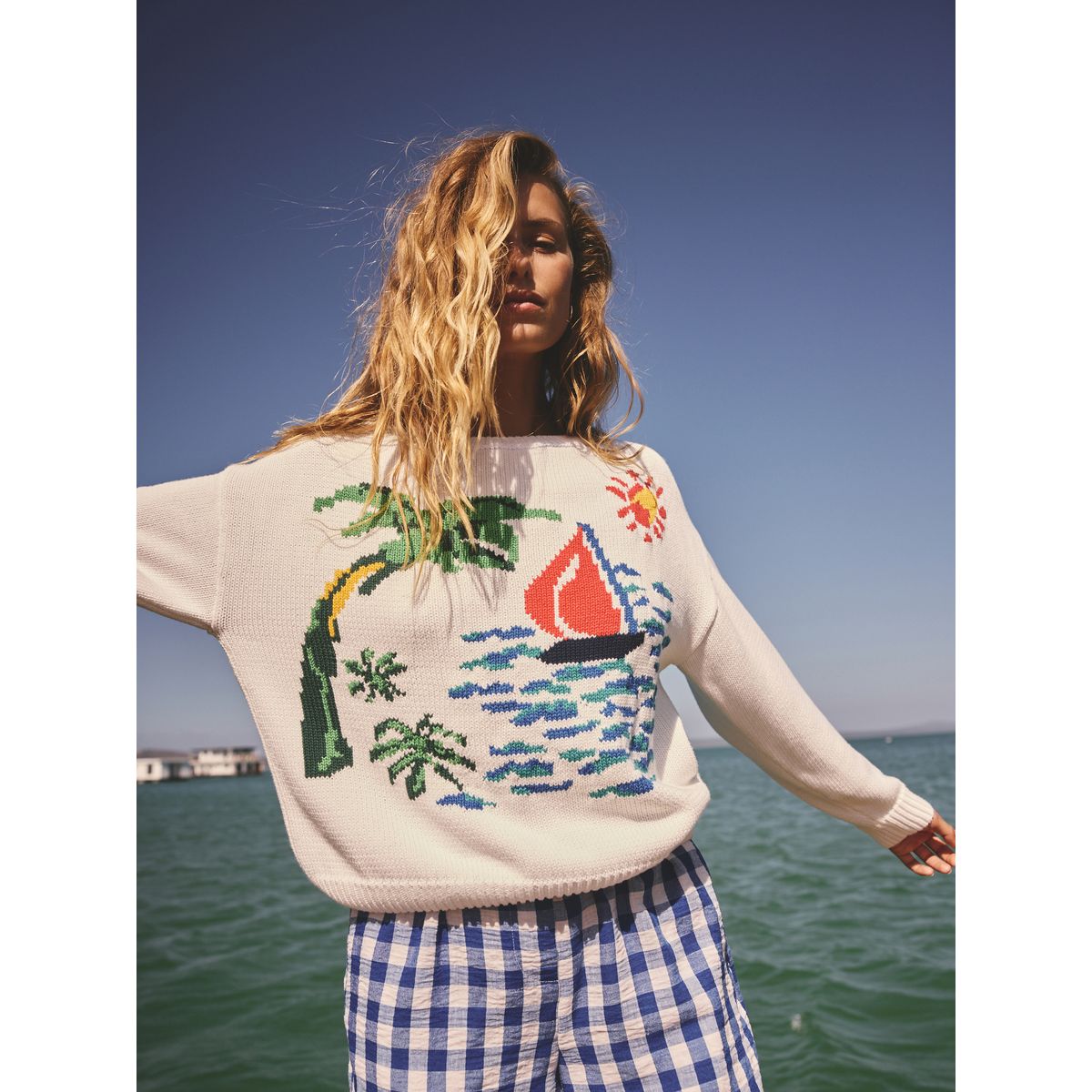 Pull en coton à imprimé paysage multicolore blanc, NEXT