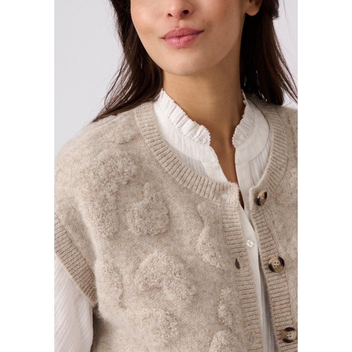 Gilet sans manches jacquard maille bouclette marron beige chiné, DAMART