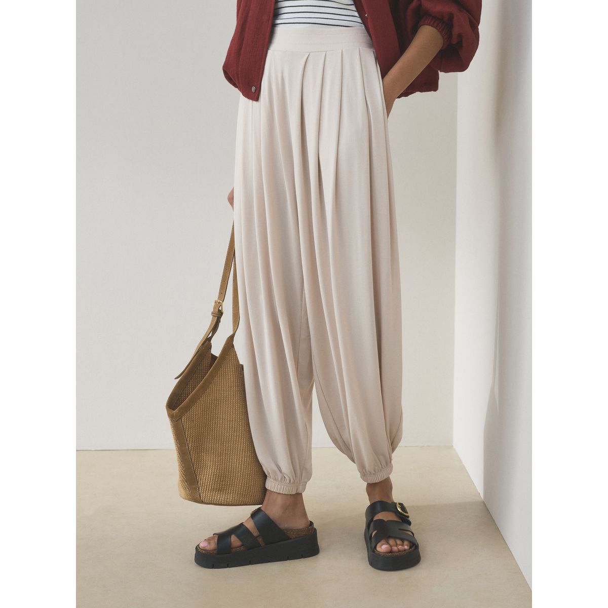 Pantalon bouffant soyeux plissé naturel, NEXT
