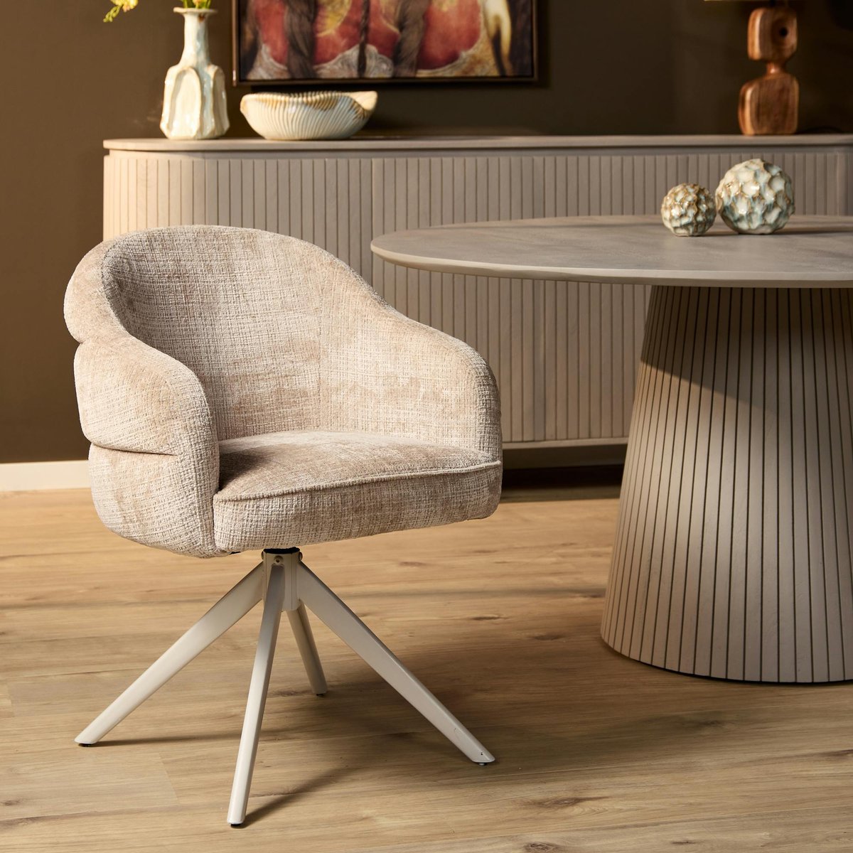 Chaise arrondie pivotante dossier structuré (lot de 2) CORTINA beige, PIER IMPORT