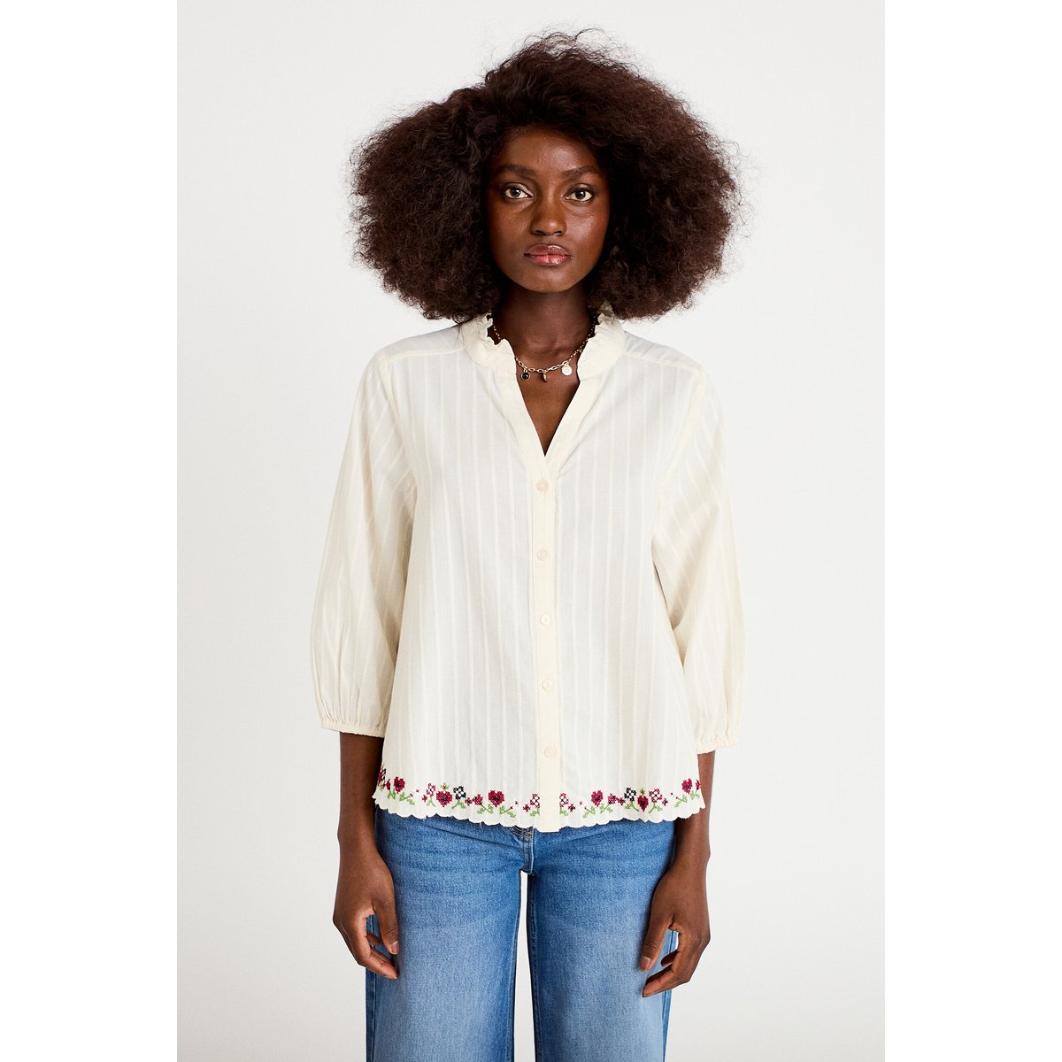 Blouse broderie col v manches 3/4 ecru, CACHE CACHE