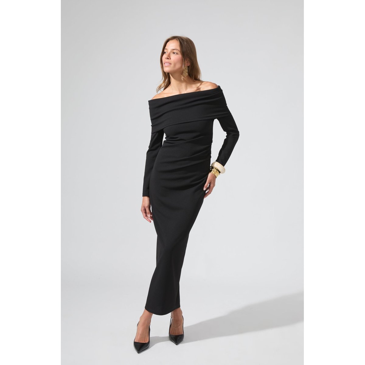 Robe longue encolure bardot ELIZABETH noir, BENOA