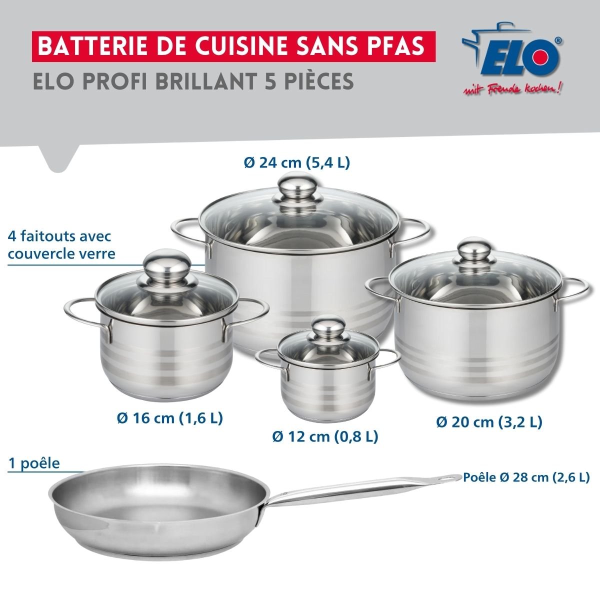 Batterie 1 poêle 28cm + 4 faitouts 12/16/20/24cm PROFI BRILLANT inox, ELO