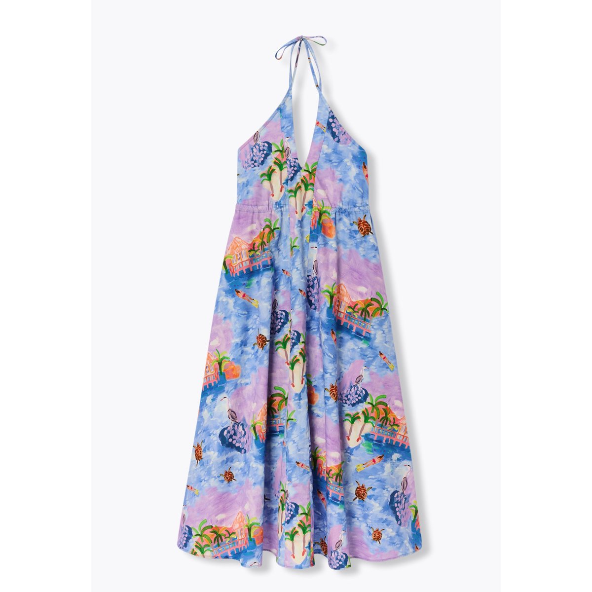 Robe midi dos nu paysage imprimé bleu, PROMOD