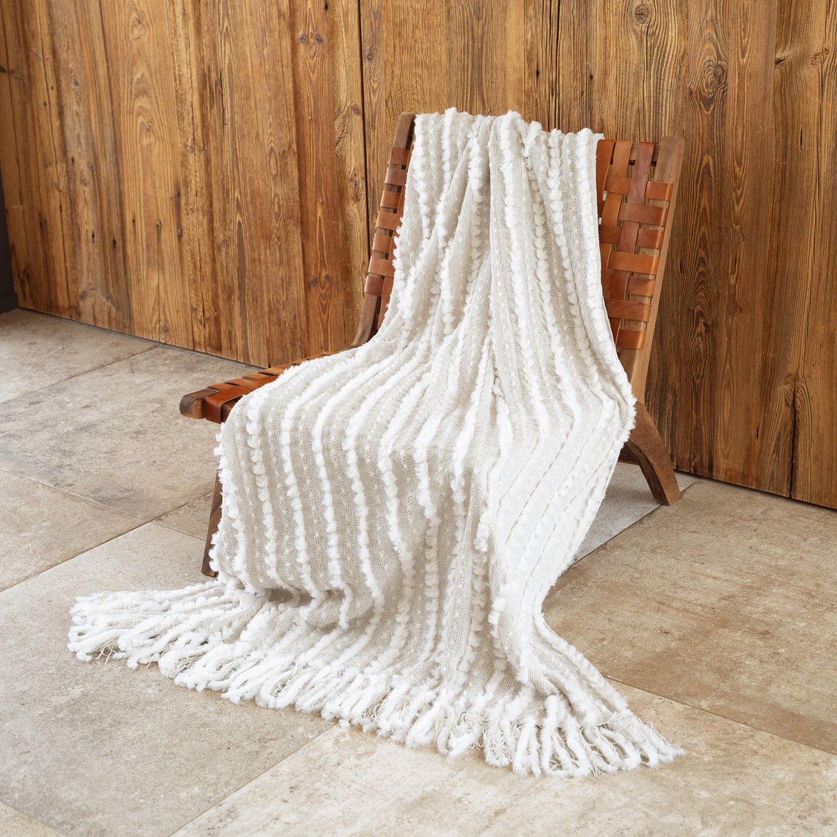 Plaid en chenille texturée avec franges - QABANE ecru, HOME MAISON