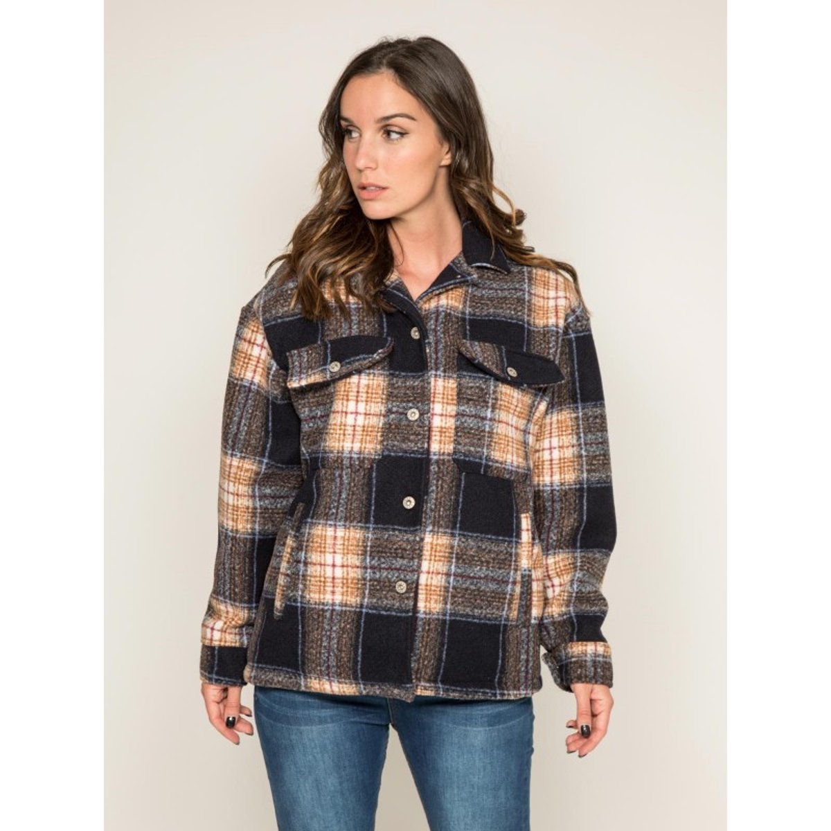 Manteau Court Carreaux Urani bleu marine, DONA LISA