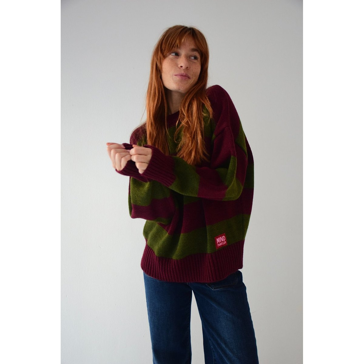 Pull rayé col rond ALEX kaki / bordeaux, MINDTRAVELER