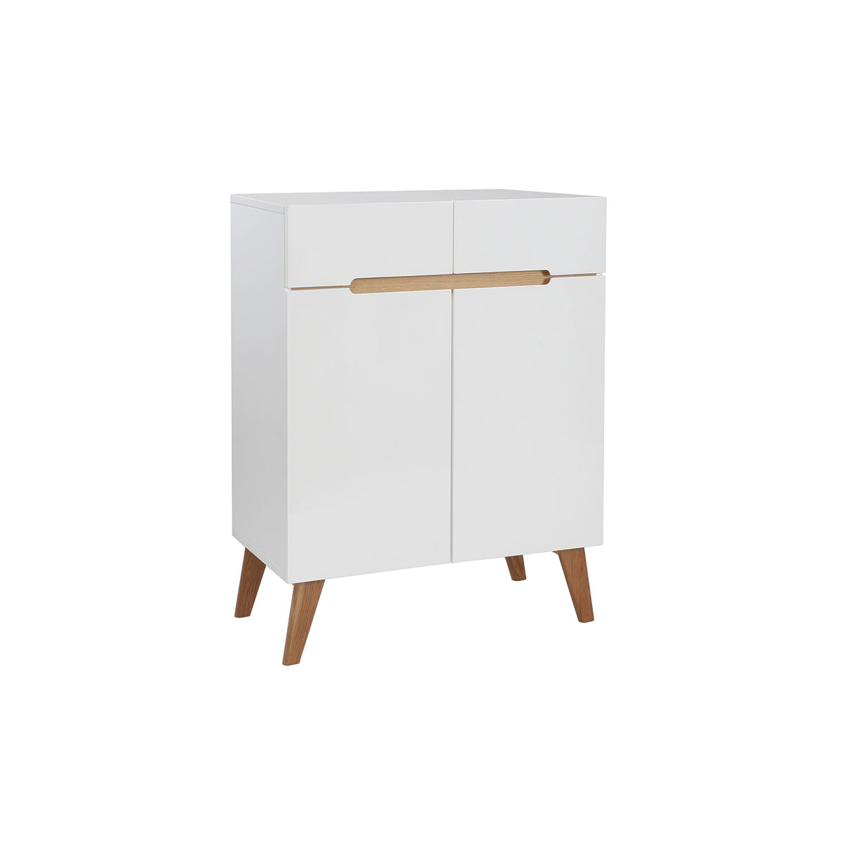 Buffet scandinave blanc laqué brillant et finition bois clair 2 portes 2 tiroirs L80 cm MELKA blanc, MILIBOO