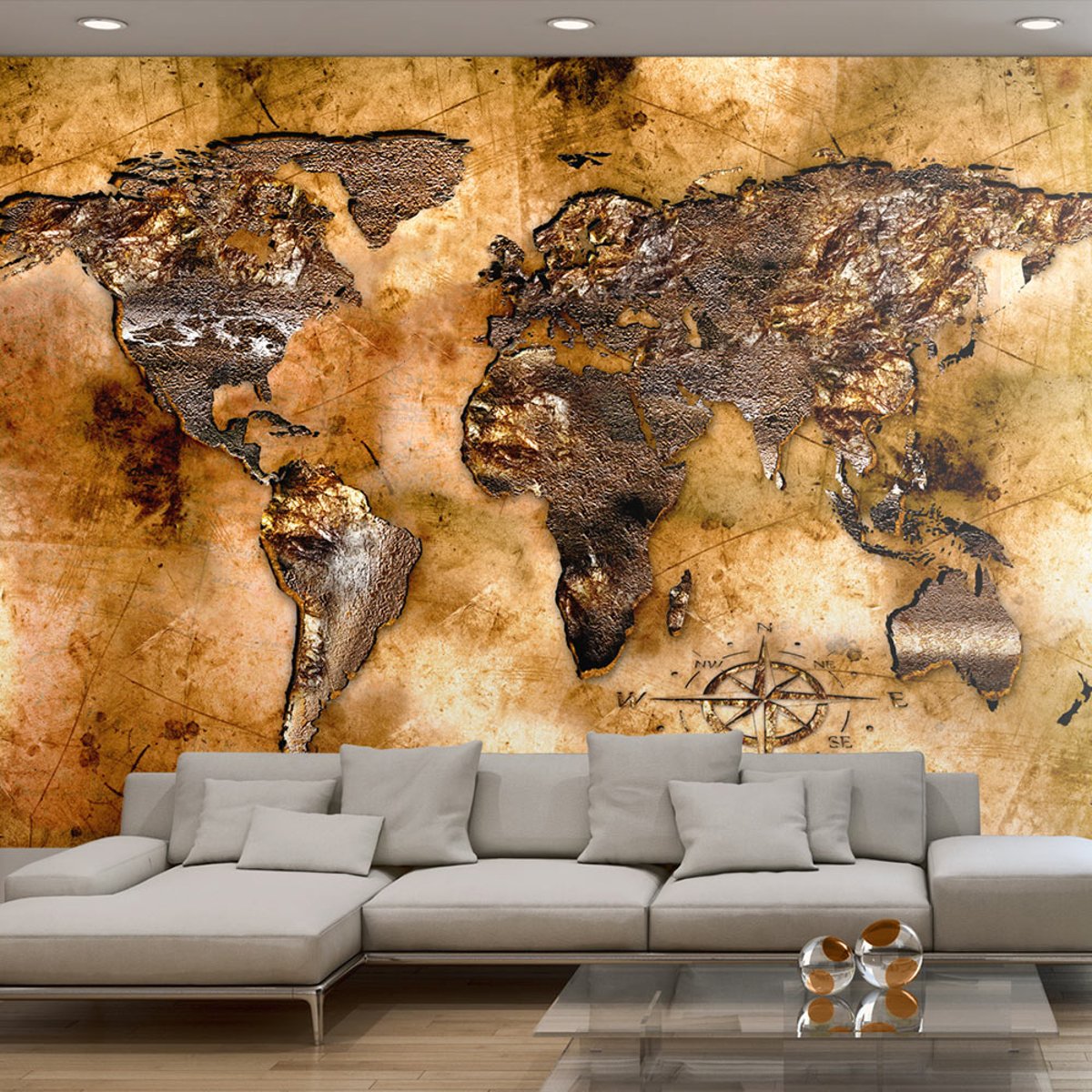 Papier peint intissé panoramique Carte du monde Opalescent Continents beige, EDEN
