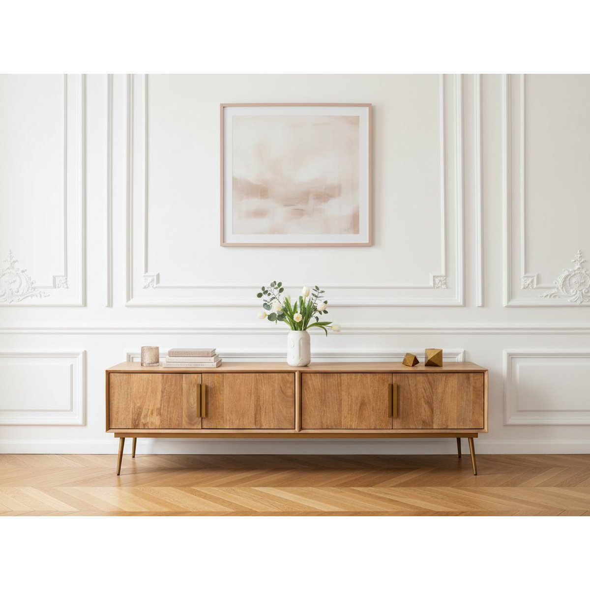 Meuble TV 180 cm bois massif, BRUGES marron clair, BOBOCHIC