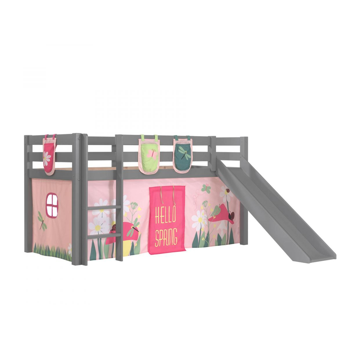 Lit Enfant Surélevé Avec Toboggan Pino + Rideau de lit et 3 pochettes spring couleur unique, VIPACK