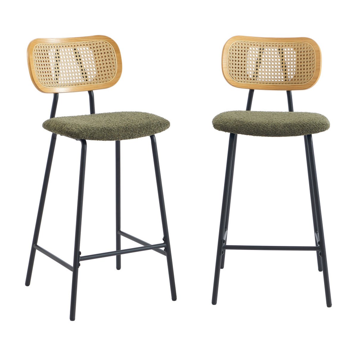 Lot de 2 tabourets de bar en tissu bouclette et métal H66,5cm- EMA vert, DRAWER