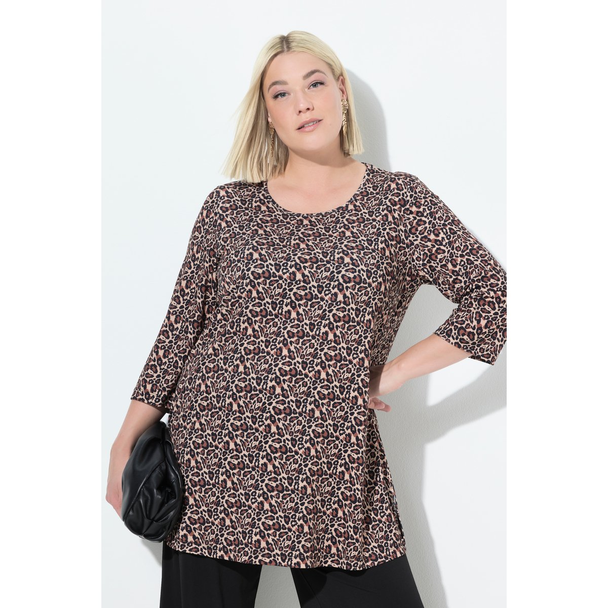 T-shirt long décolleté rond et manches 3/4 noir, ULLA POPKEN