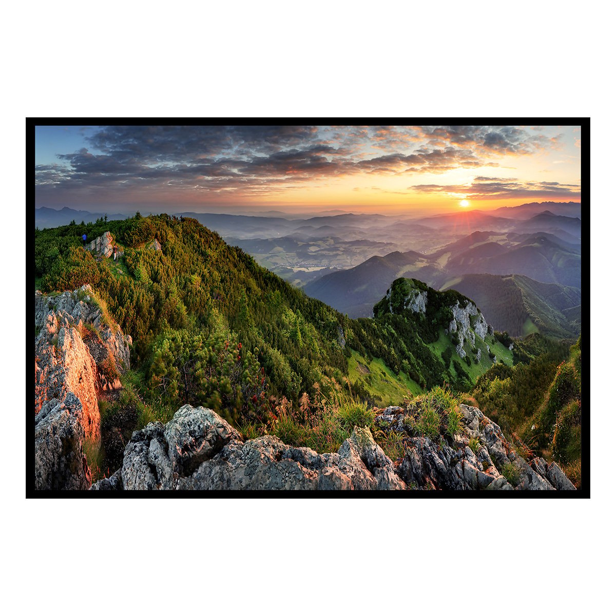 Affiche encadrée Paysage de crête au soleil couchant affiche + cadre en métal - noir, HEXOA
