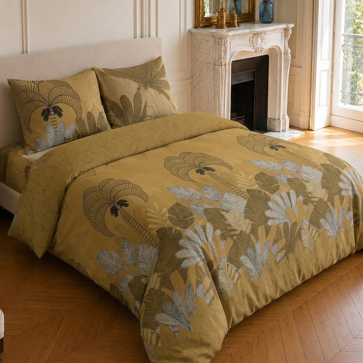 Parure de lit en microfibre motif tropical, THE PALM ocre, C DESIGN HOME TEXTILE
