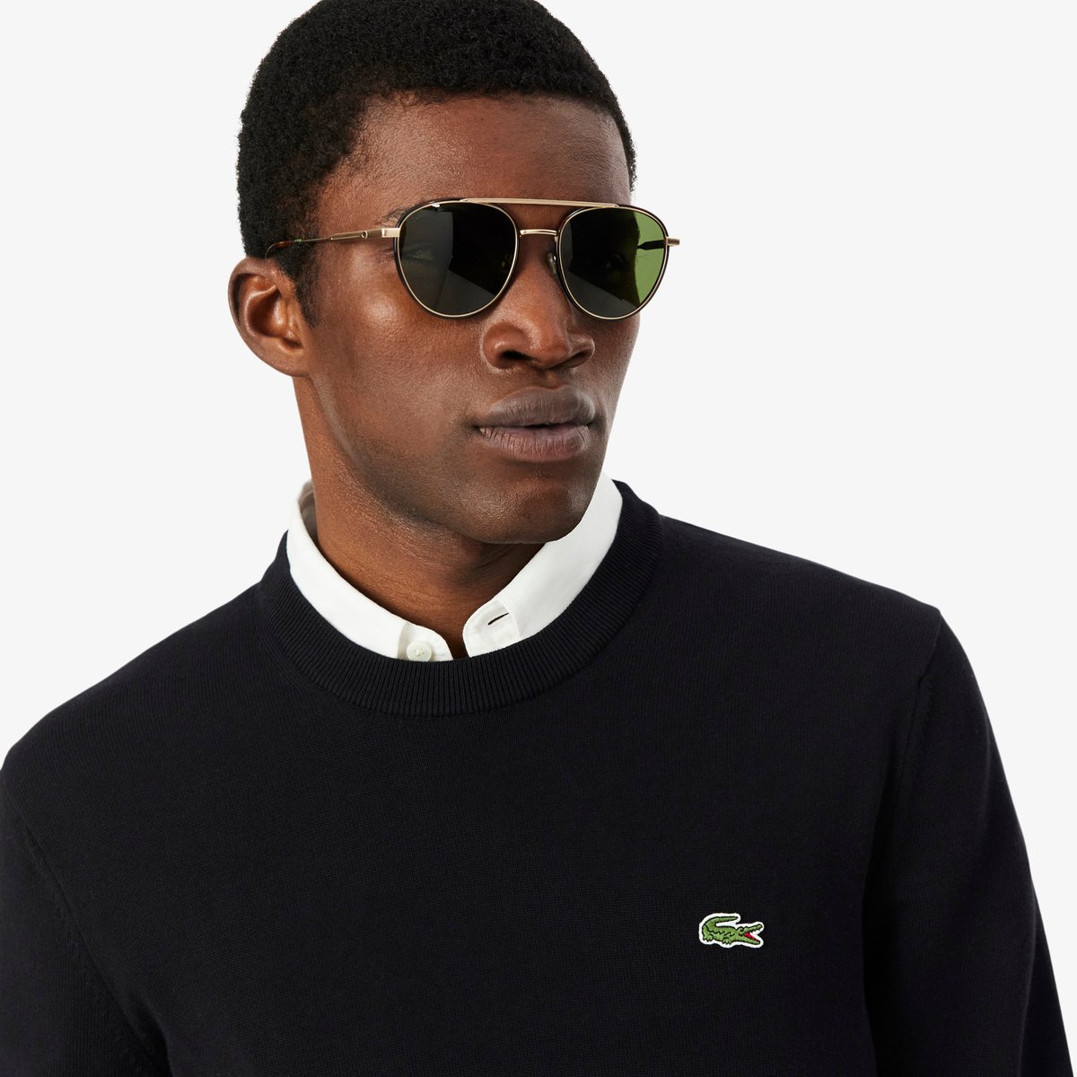 Pull coton uni col rond noir-031, LACOSTE