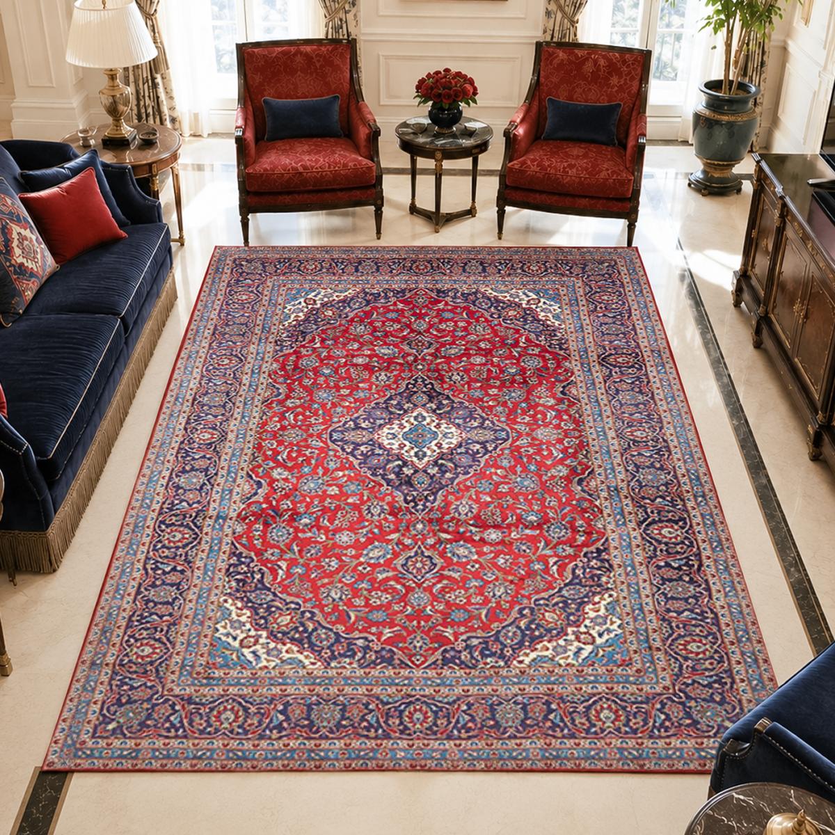 Tapis d'orient au motif oriental, noué à la main, ARDAKAN 1 rouge, bleu, crème, UN AMOUR DE TAPIS