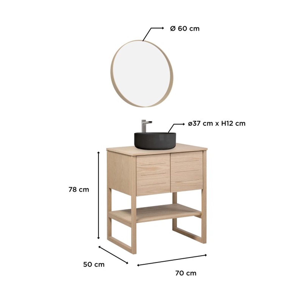 Meuble 70cm chêne vasque ronde noire robinet miroir ATOLL couleur unique, MOB IN