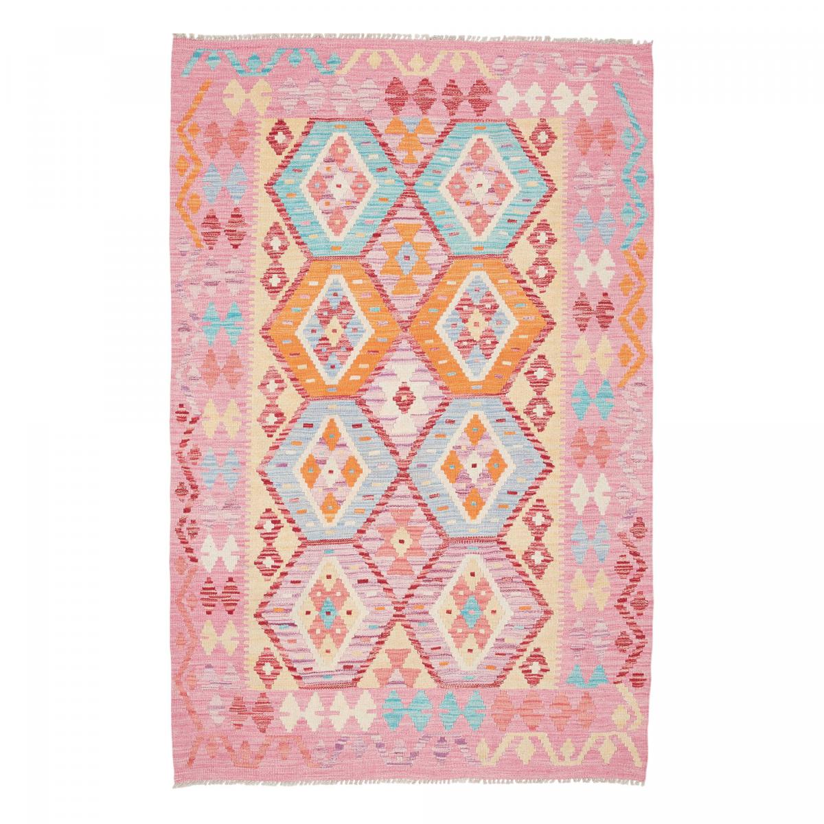 Tapis kilim, motif géométrique, tissé plat en laine naturelle rose, bleu, orange, UN AMOUR DE TAPIS