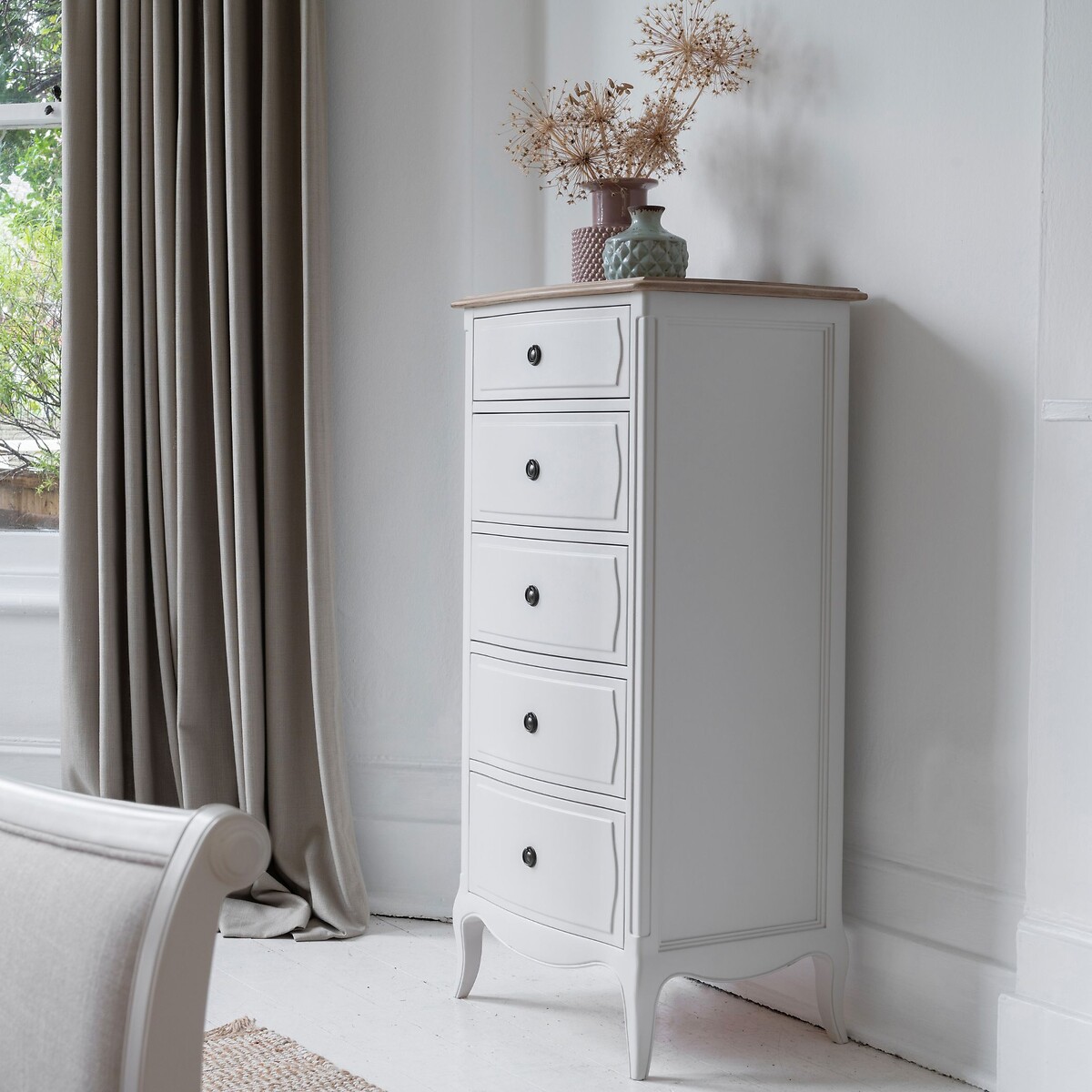 Amelie French-Style 5 Drawer Tallboy grey white , WILLIS & GAMBIER