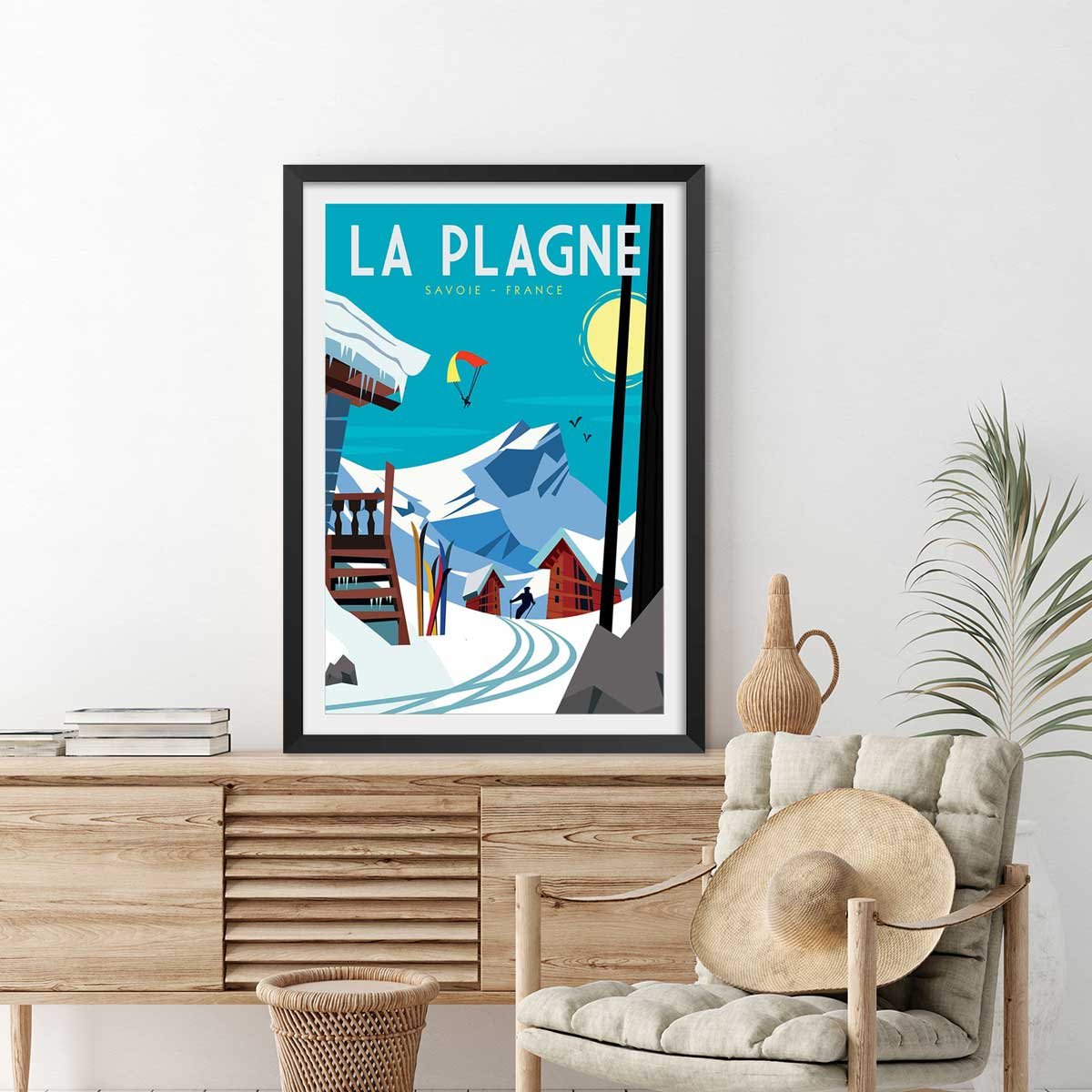 Poster de belle plagne affiche + cadre en bois - noir, HEXOA