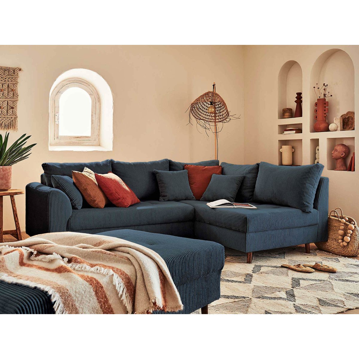 Canapé d'Angle droit 4 places + pouf places - RUNE bleu nuit, BEST MOBILIER