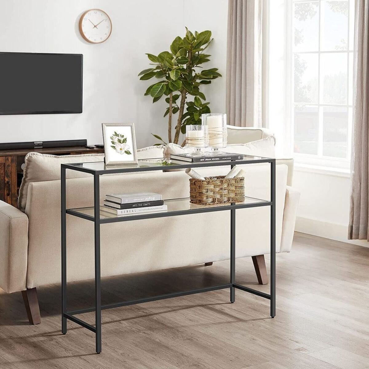 Console en métal avec 2 tablettes en verre noir, CALICOSY