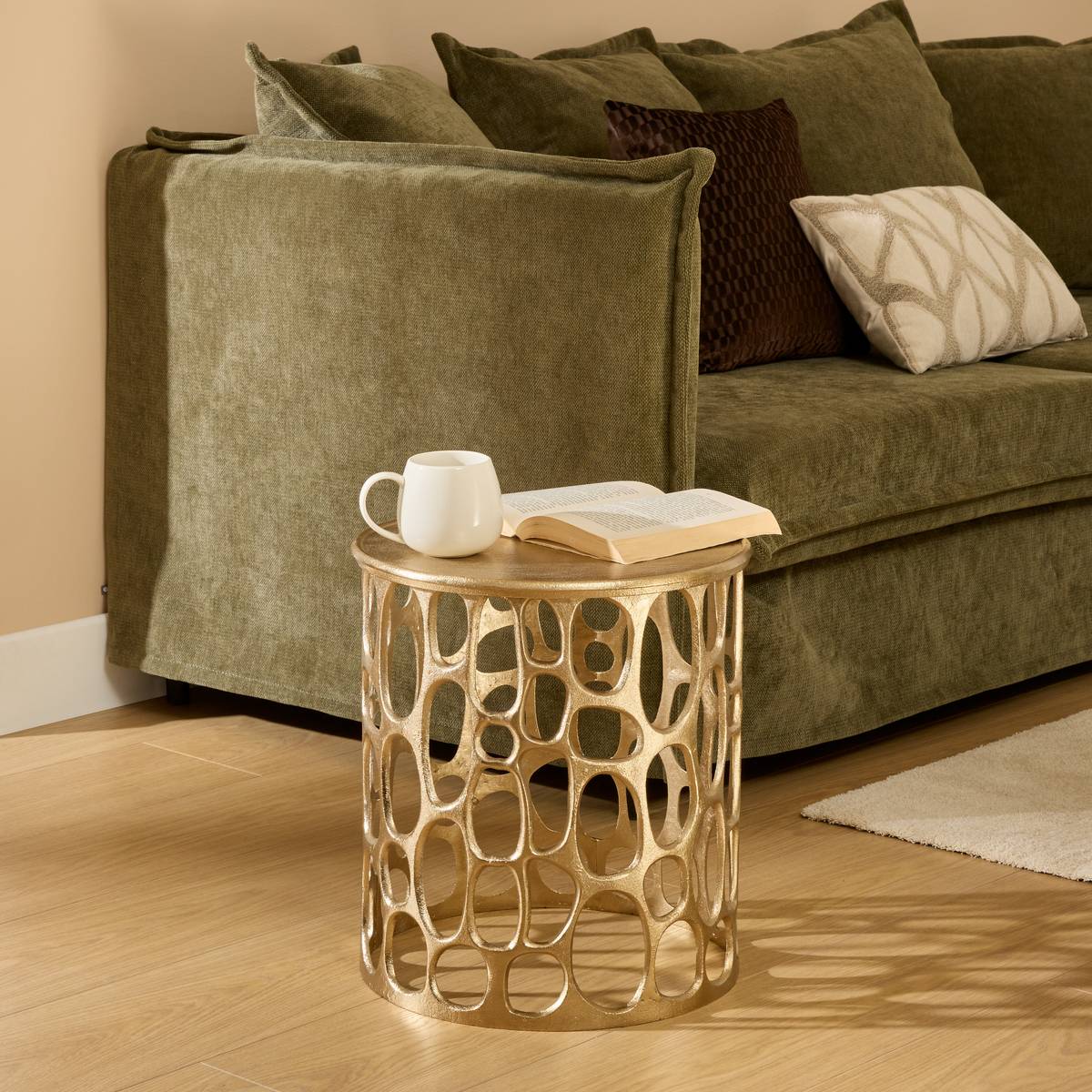 Table d'appoint ronde en aluminium MESH doré, ATMOSPHERA