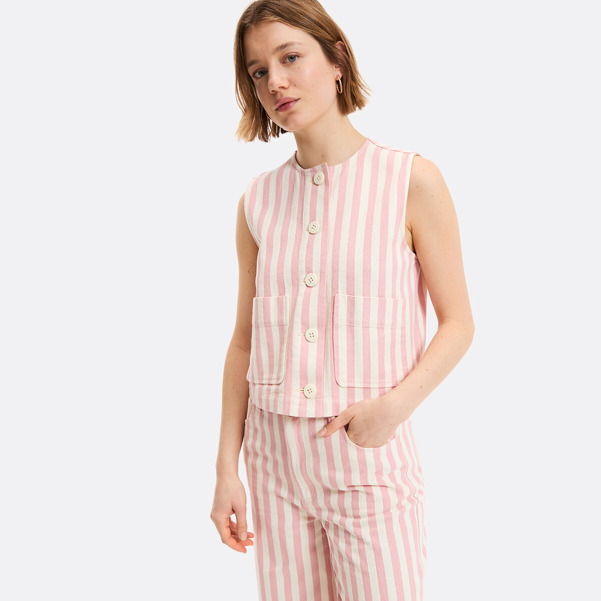 Striped Sleeveless Cardigan ivory/pink striped, LA REDOUTE COLLECTIONS