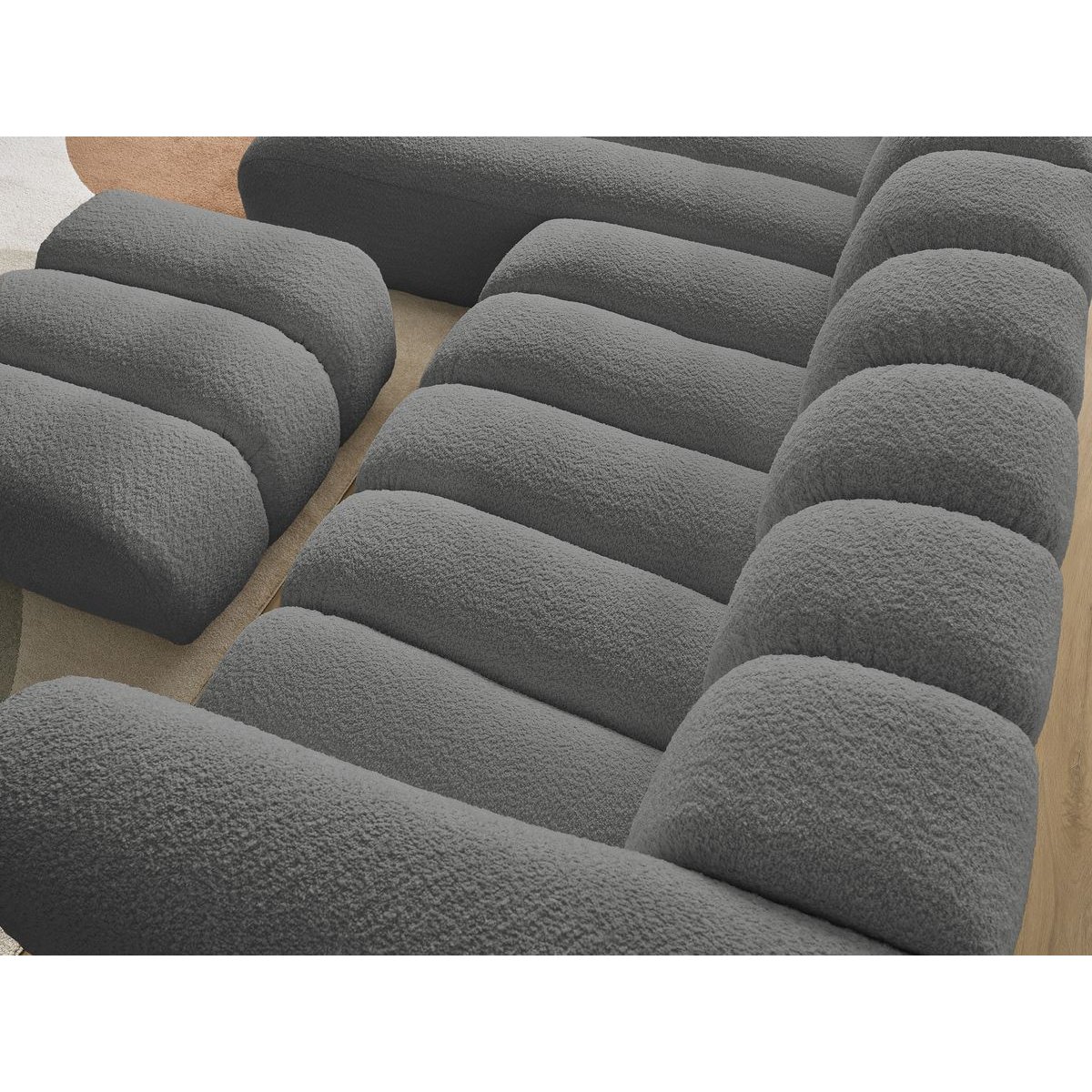Canapé d'angle fixe 4 places en tissu bouclette avec pouf, TALIA gris foncé, BOBOCHIC