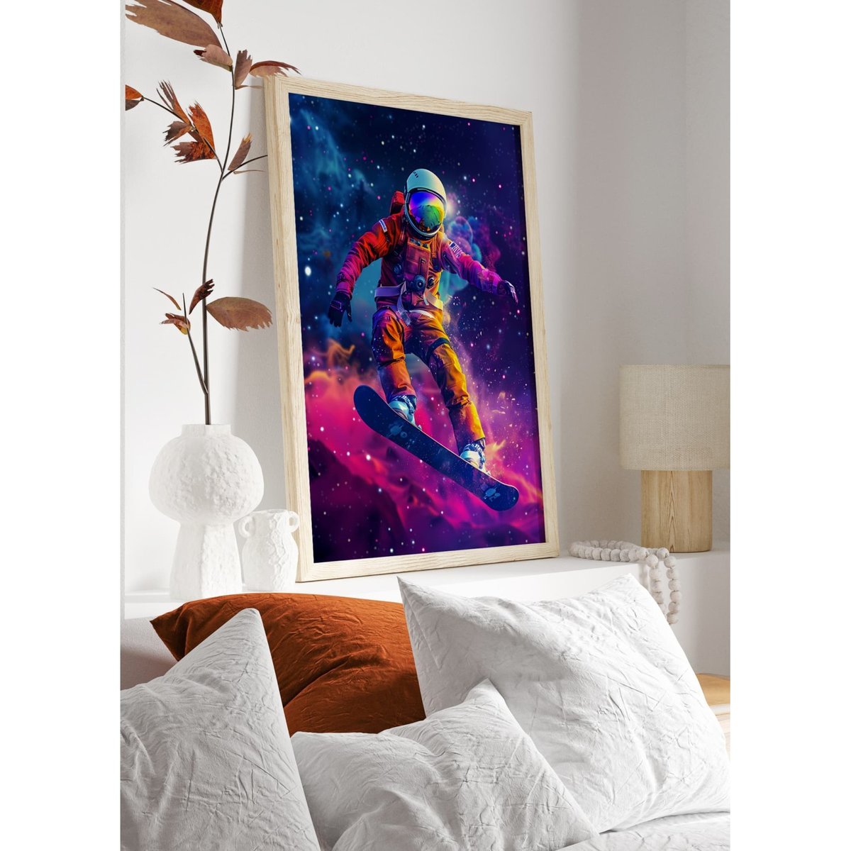 Affiche Astronaute en Snowboard Cosmique blanc, L'AFFICHERIE