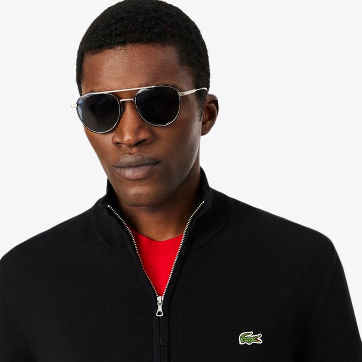 Pull zippé coton uni col montant noir-031, LACOSTE