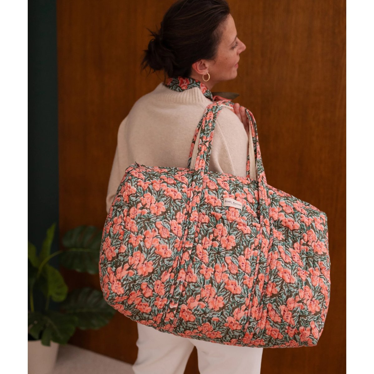 Sac weekend en coton matelassé Leone bleu aqua, BINDI ATELIER