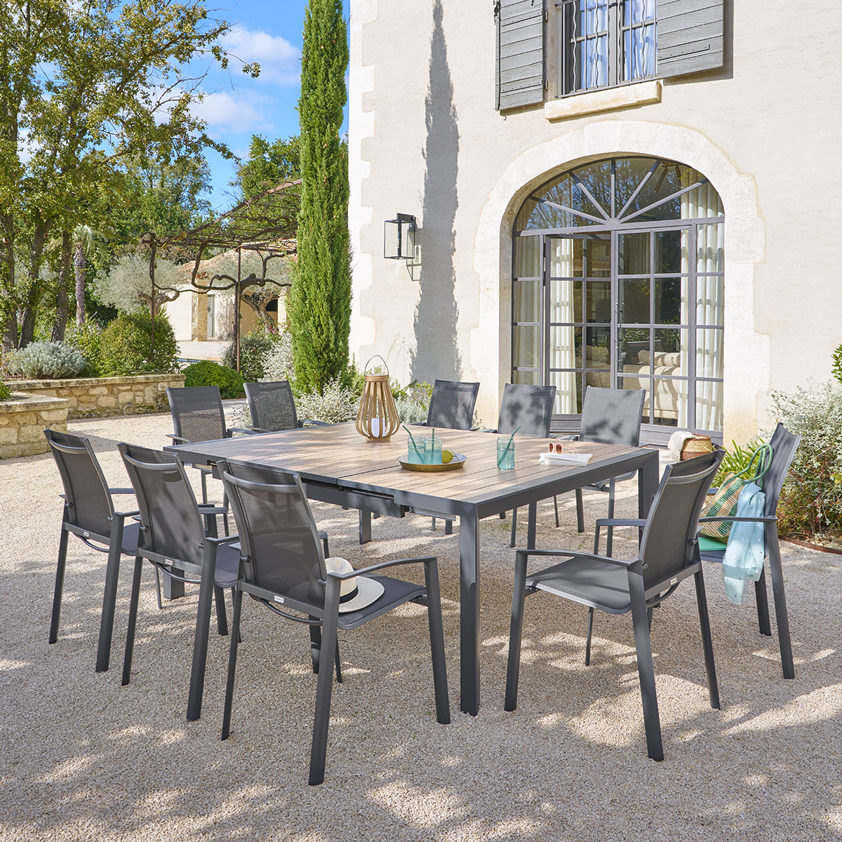 Table de jardin extensible carrée 10 places en aluminium effet bois ÉVASION miel, HESPERIDE