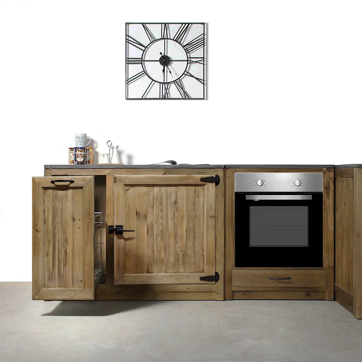 Meuble bas de cuisine en bois recyclé et pierre bleue CHAMPÊTRE bois clair, MADE IN MEUBLES