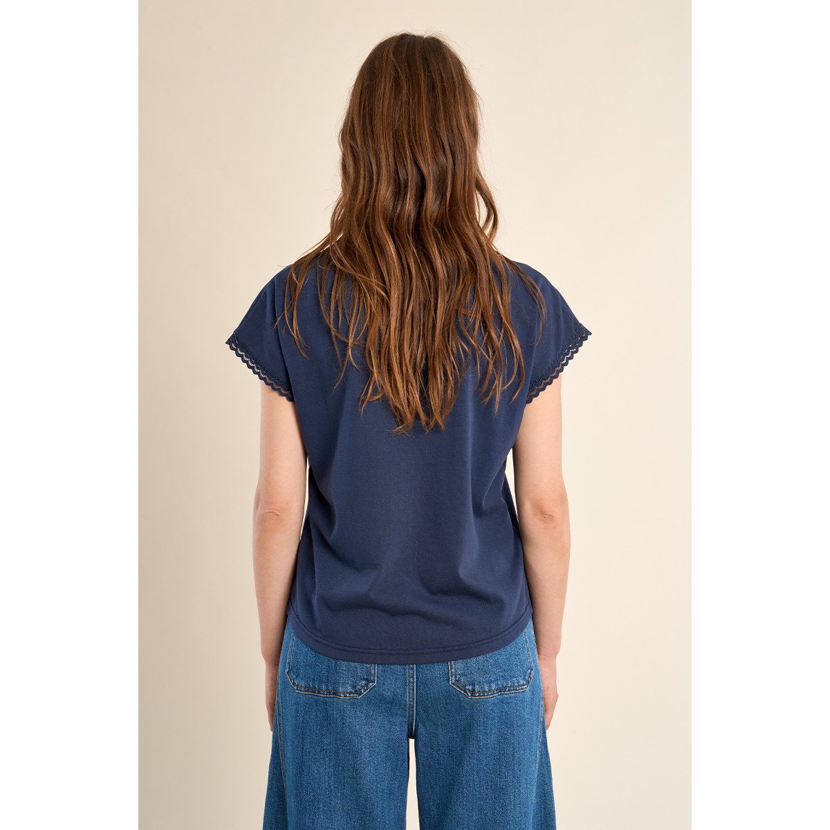 T-shirt à col V, détail dentelle navy blue, MOLLY BRACKEN
