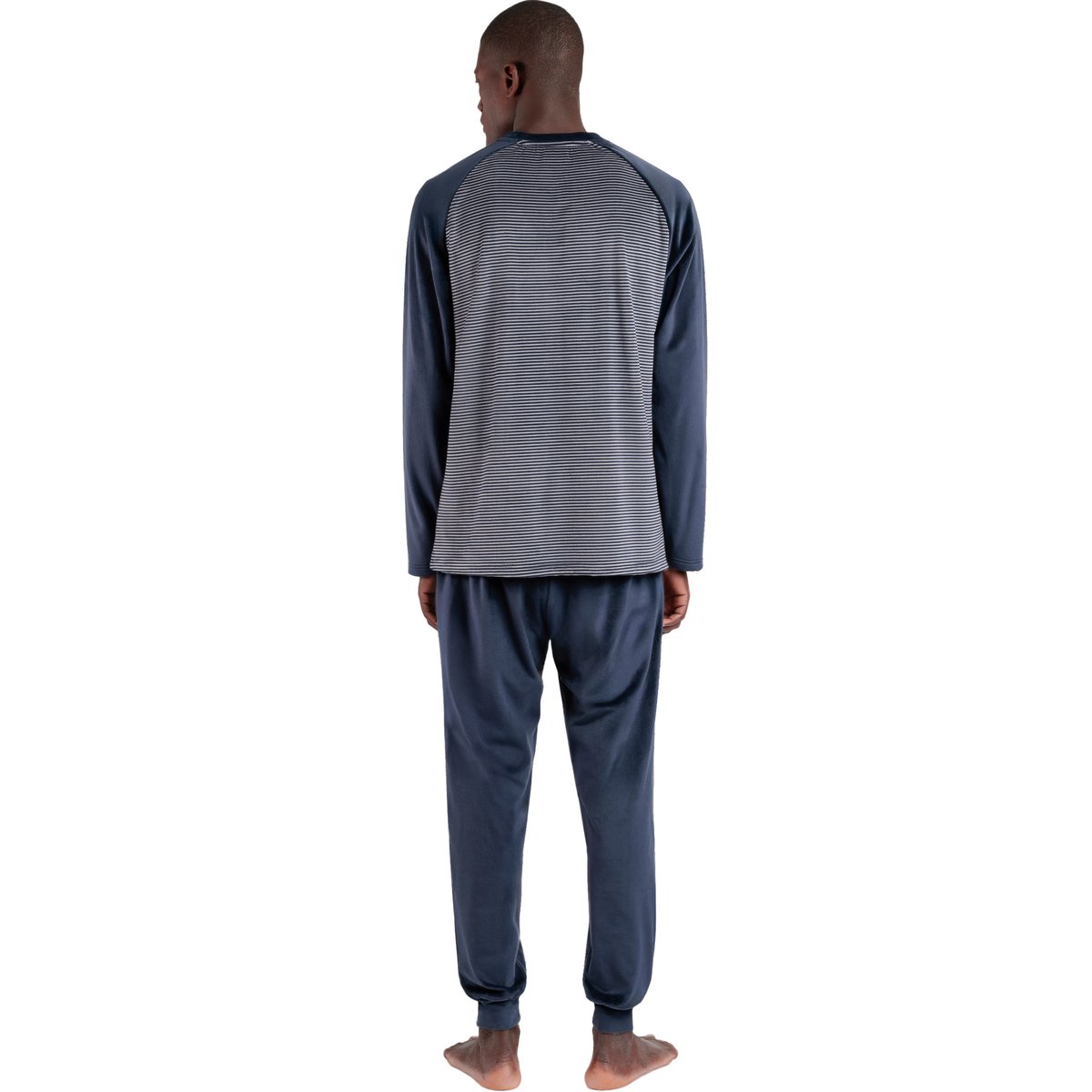 Pyjama velours tenue pantalon top manches longues Basic Stripes bleu marine, ADMAS