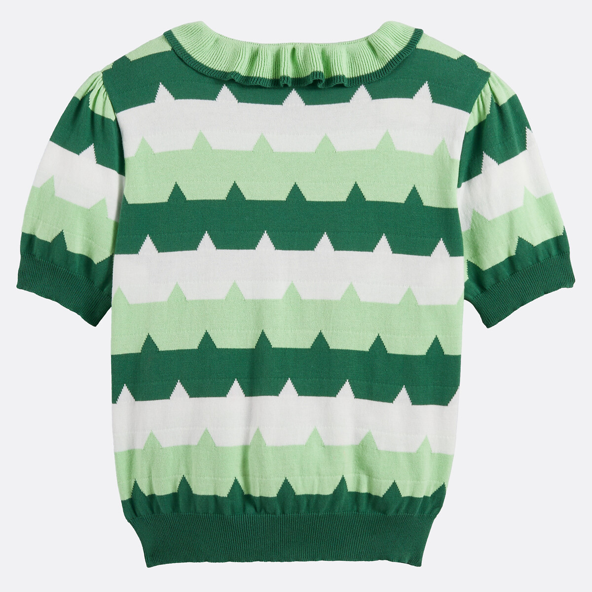Pull col claudine volanté, en pur coton rayé vert, BLANCHEMAILLE