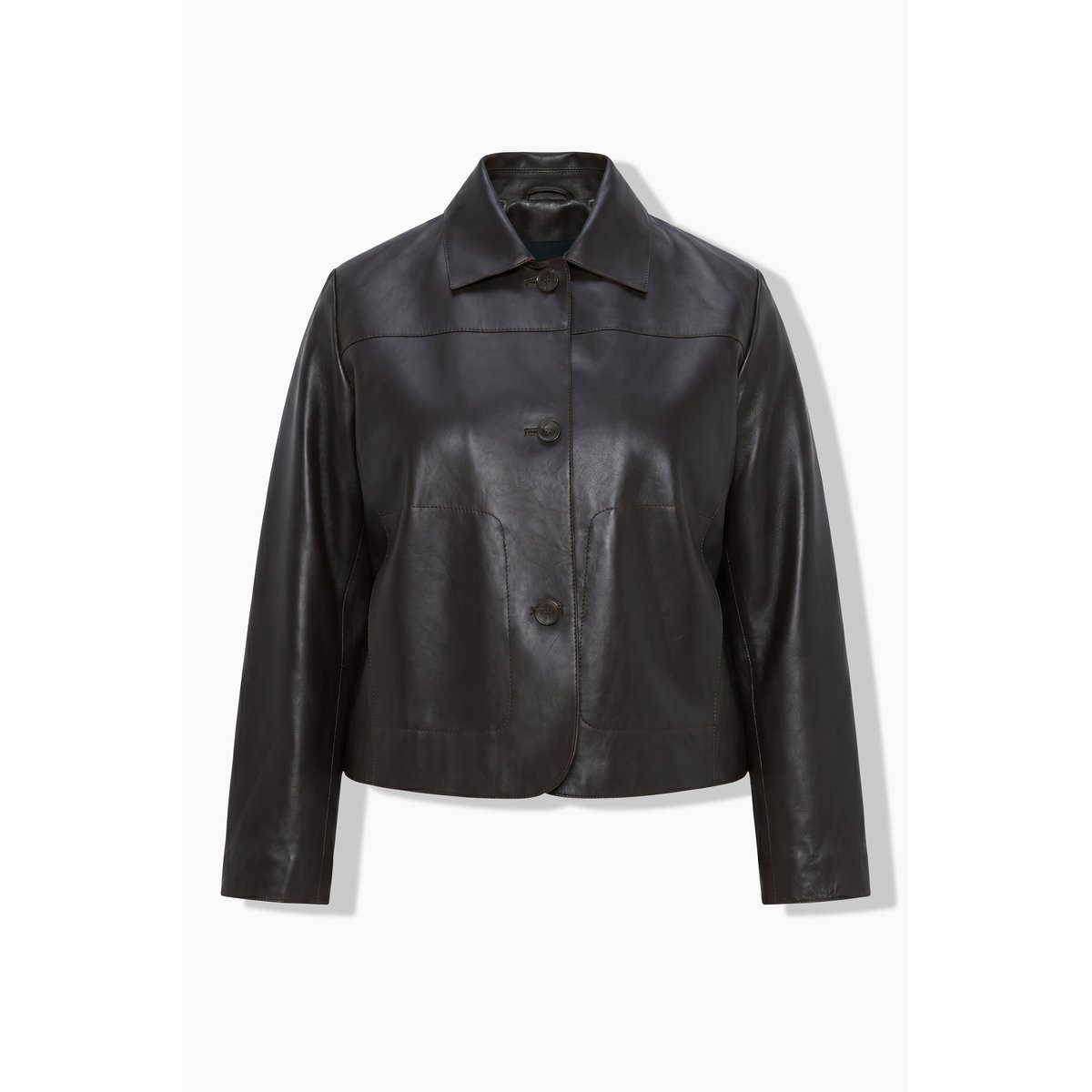 Veste en cuir nappa d’agneau, col chemise acajou, ULLA POPKEN