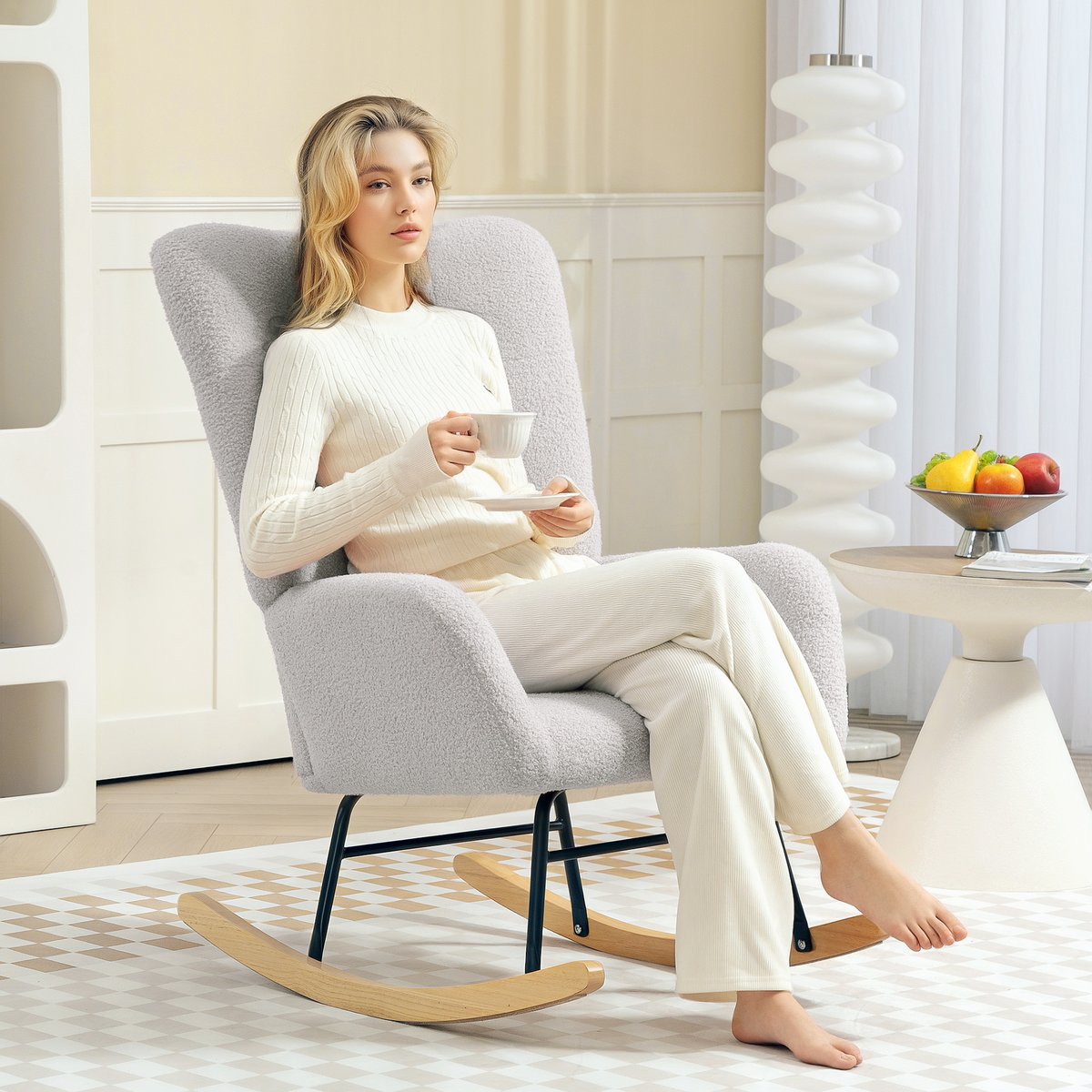 Fauteuil à bascule Laine bouclée Gris gris clair, HOMCOM
