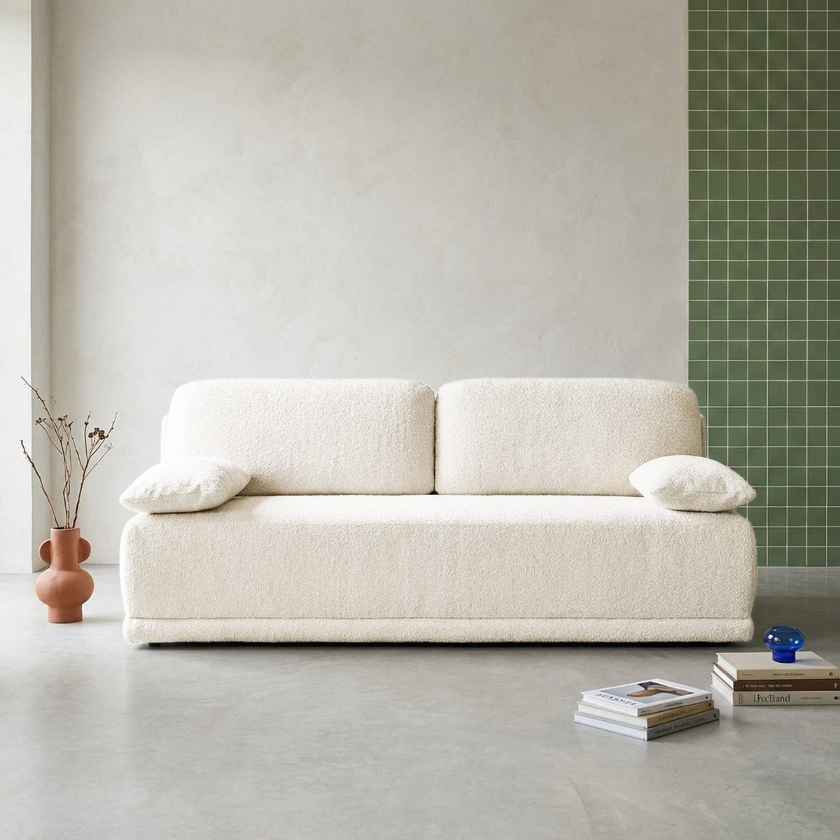 Banquette convertible 3 places bouclette avec coffre NELSON blanc cassé, SWEEEK