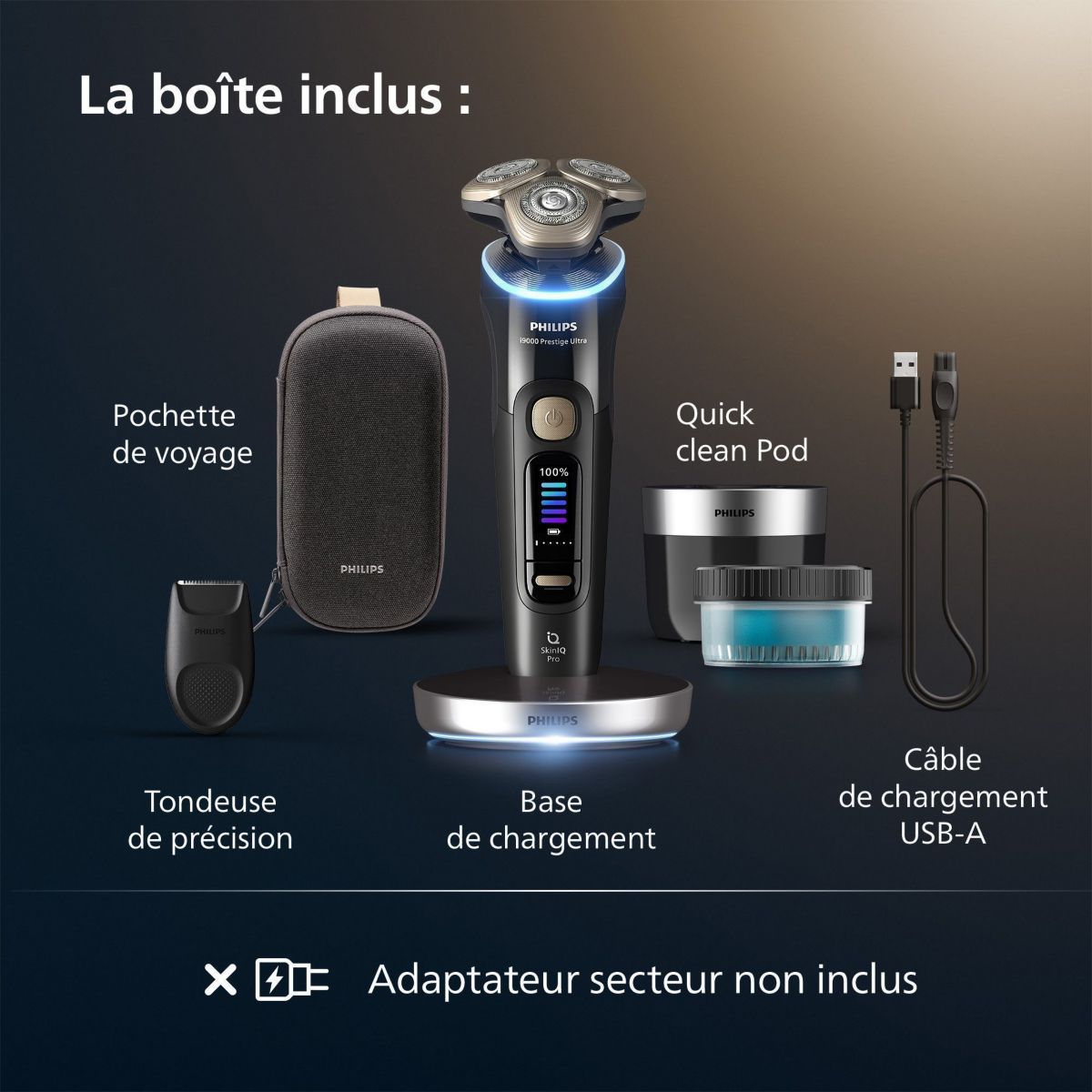 Rasoir électrique XP9400/31 Serie i9000 Prestige Ultra 100 % étanche avec Skin IQ noir, PHILIPS