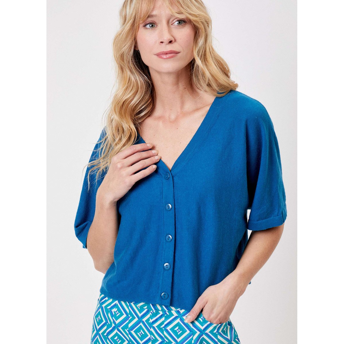 Gilet manches courtes maille uni MELIO bleu canard, LA FIANCÉE