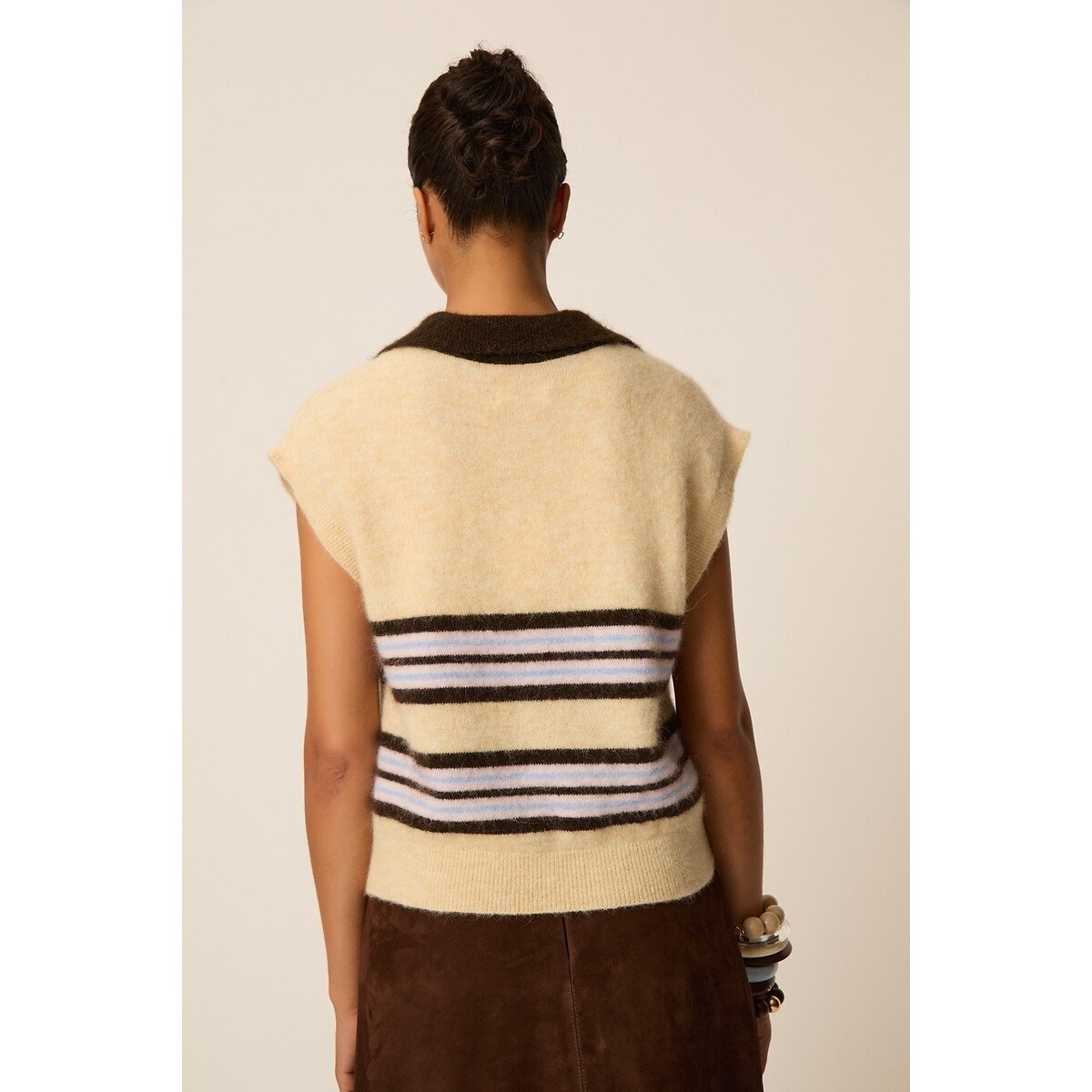 Pull sans manches col polo à rayures, BERNI crème, DES PETITS HAUTS