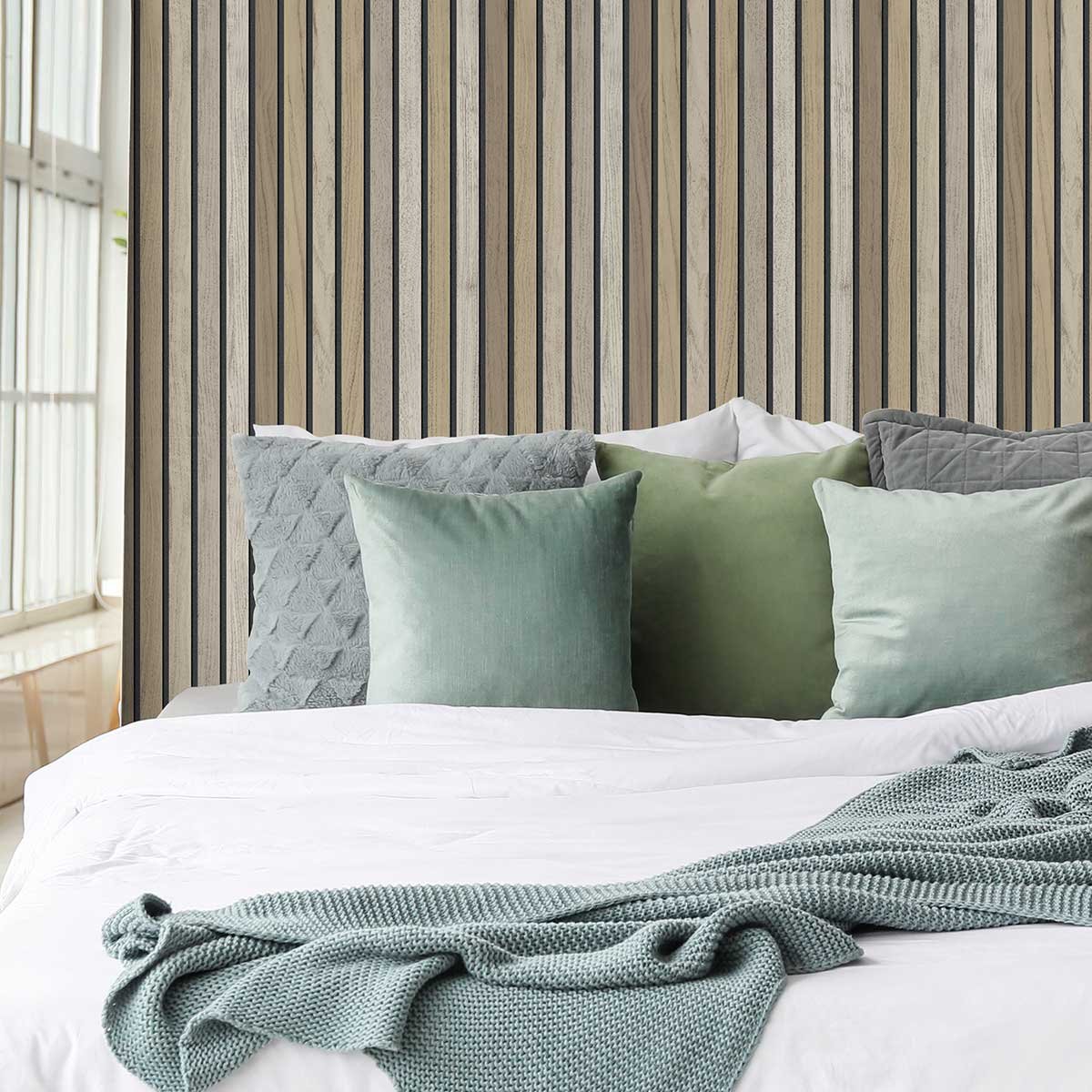 Papier peint lattes bois beige sable vert, HEXOA