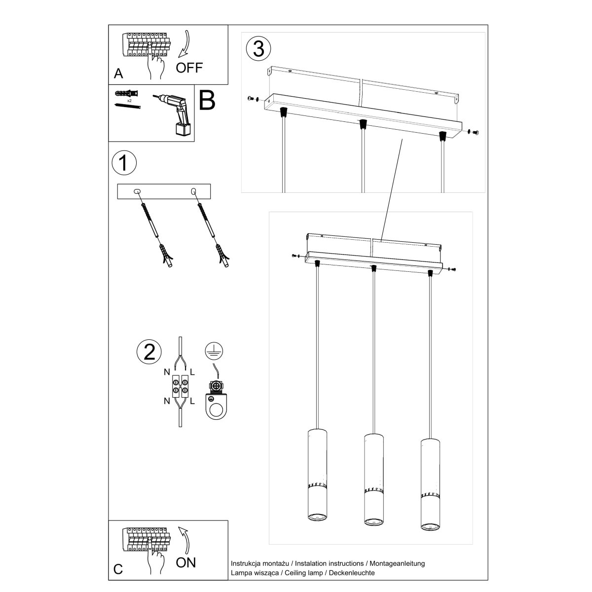 Suspension Acier Or/Noir GU10 3 Loopez Line jaune, EDEN