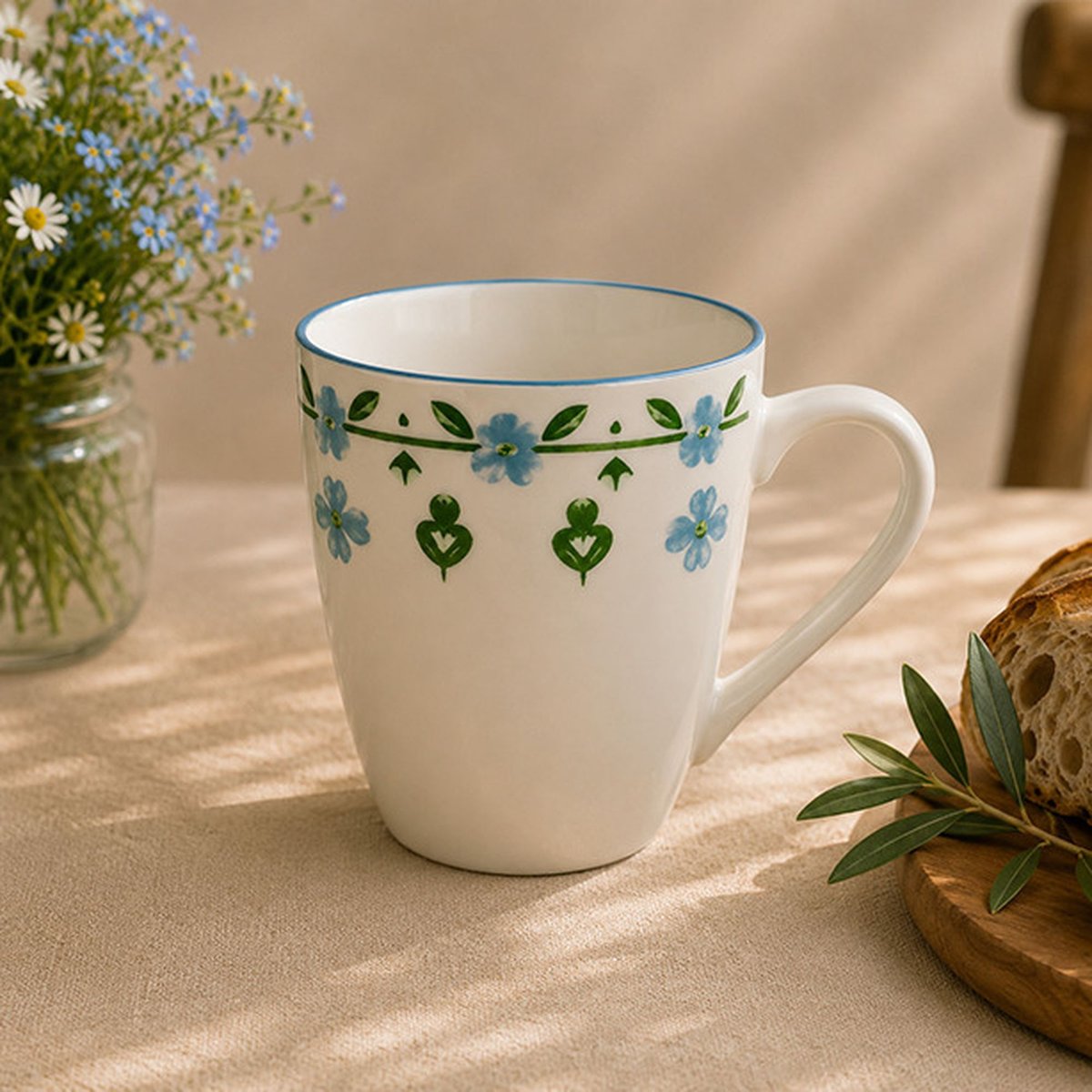 Lot de 6 mugs 36cl en porcelaine, PRIMAVERA blanc-bleu, NOVASTYL